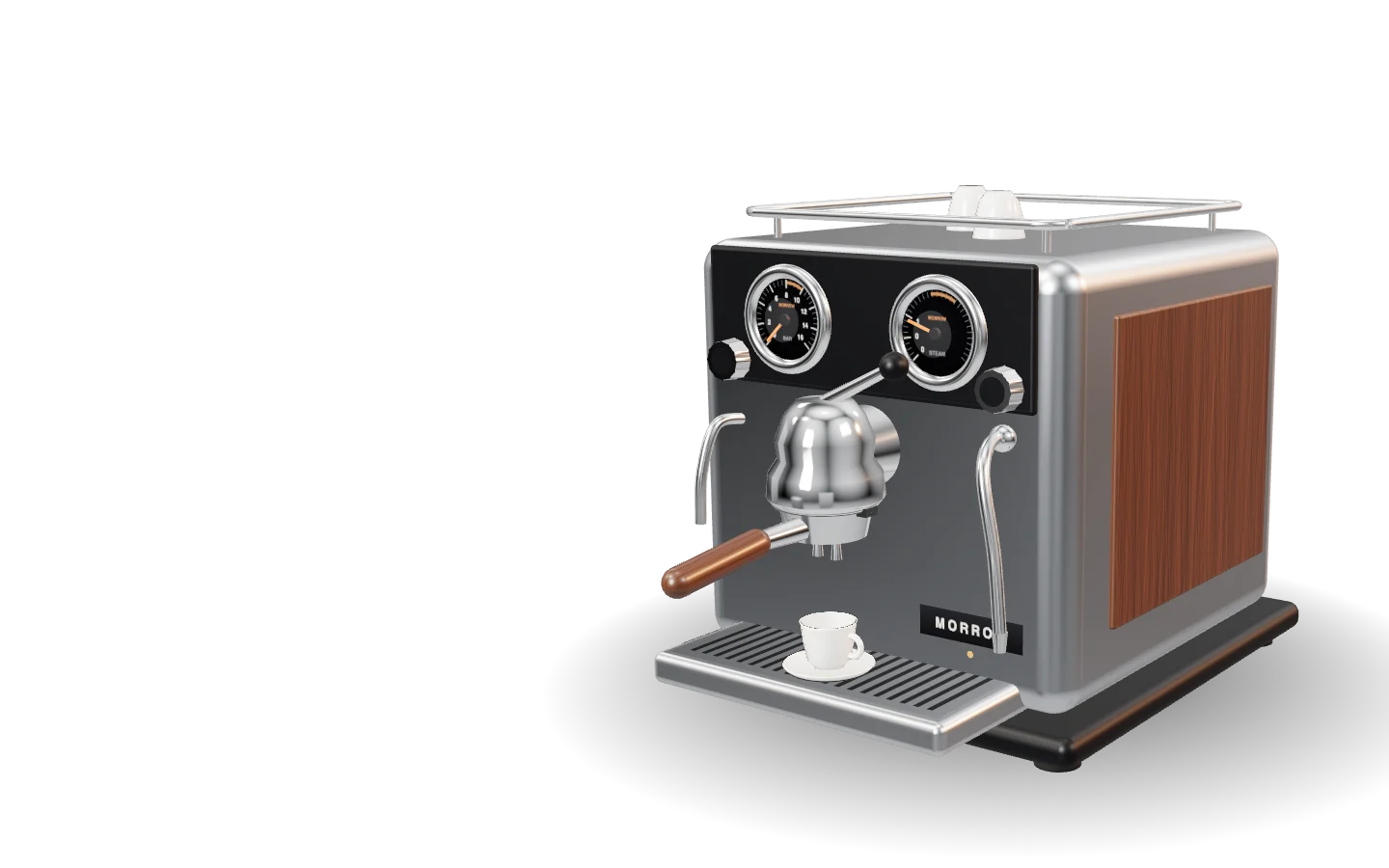 The Morrow One espresso machine in brushed steel with walnut side panels, two chrome gauges and a walnut-handled portafilter