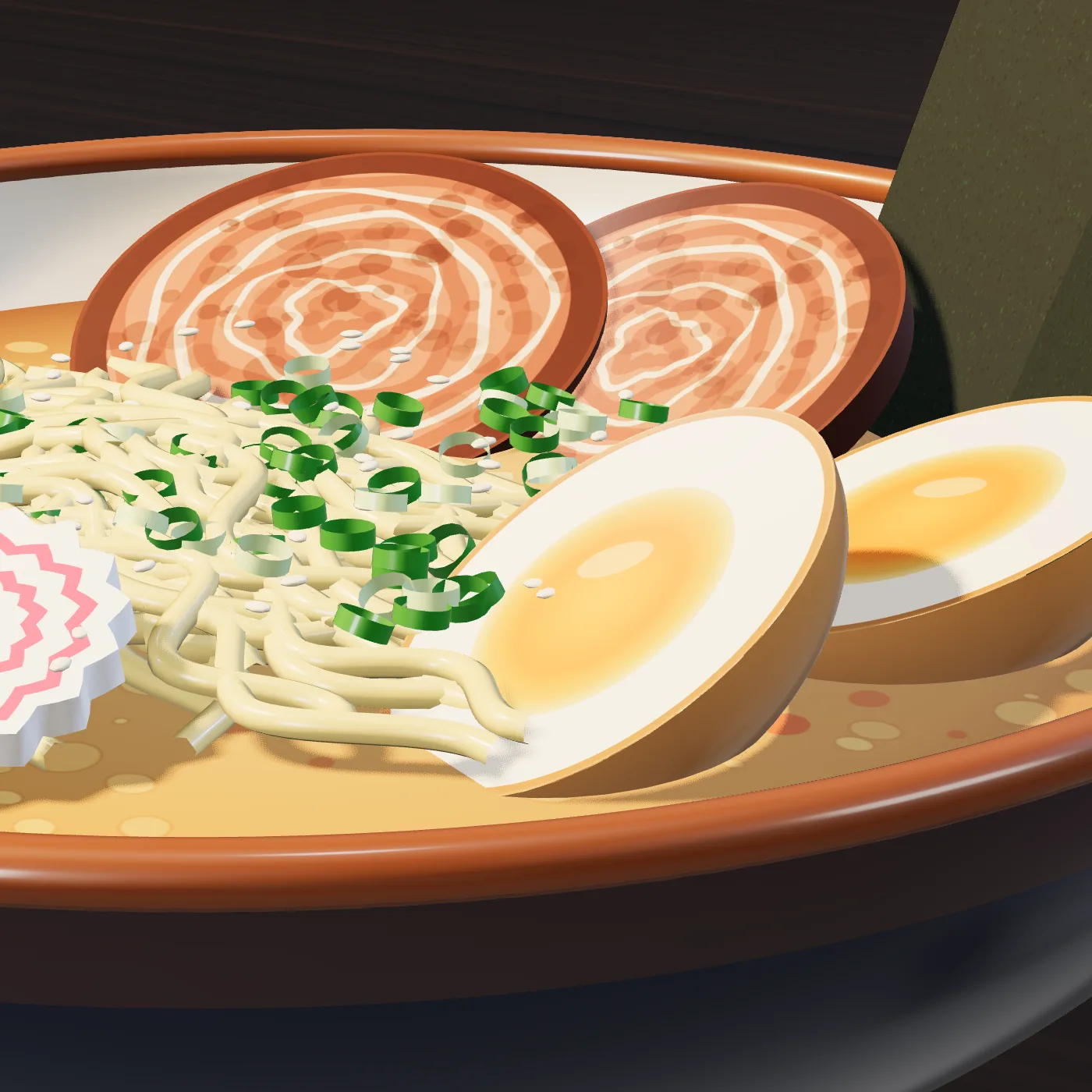 Close-up of the Lantern bowl: halved soy-marinated egg with a jammy orange yolk, rolled chashu and scallions over noodles