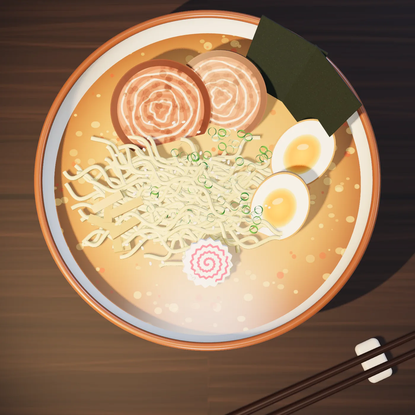 Overhead view of a ramen bowl with chashu, egg halves, nori, naruto, bamboo shoots and noodles